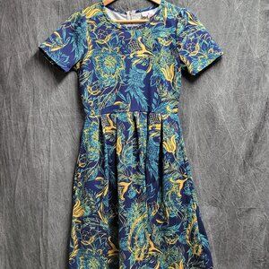 Women's S Blue and Yellow Floral Print Dress with Pockets